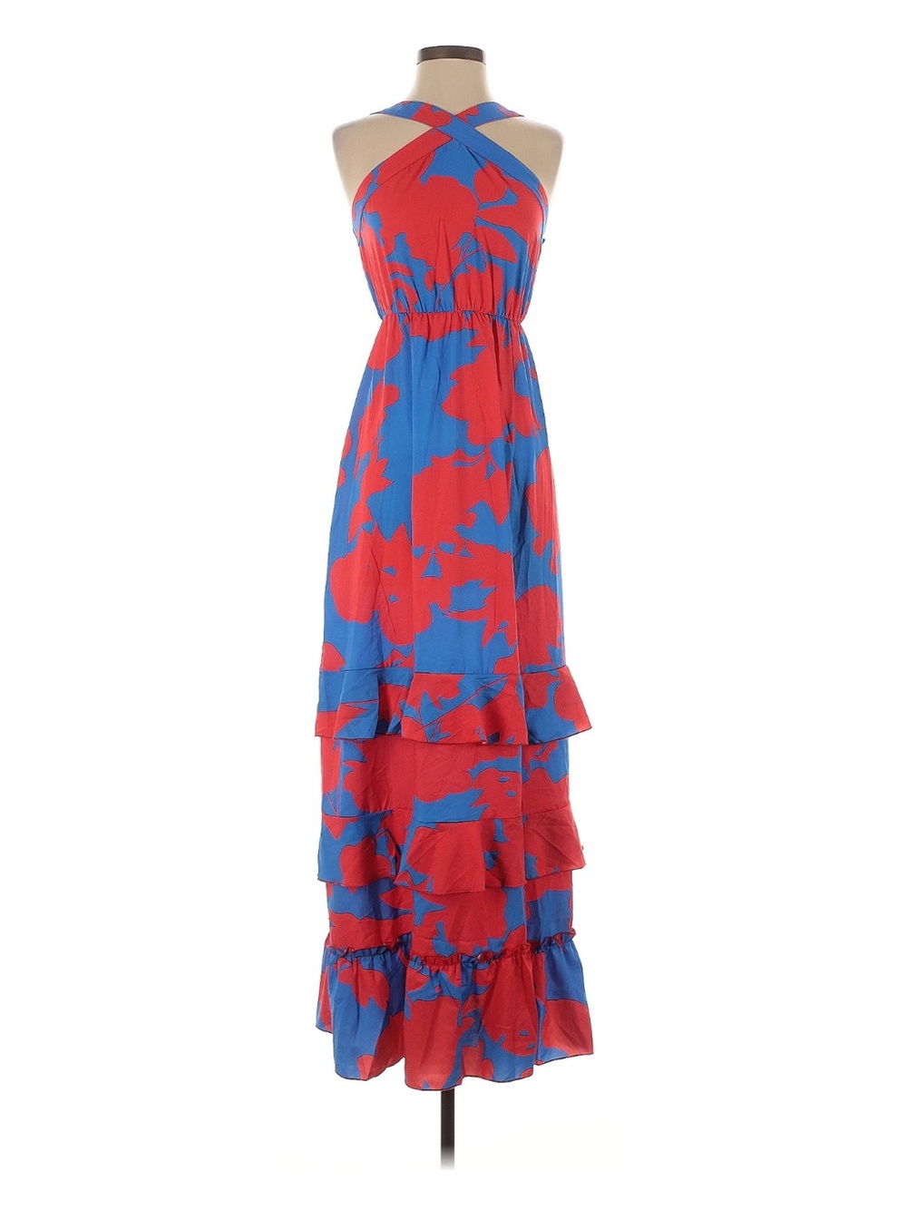 Halter Maxi Dress in Red & Blue - Stylish Tiered Ruffle Design Small